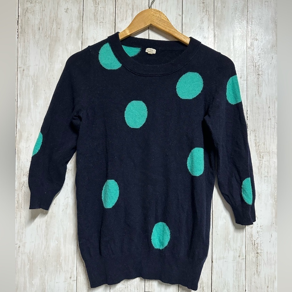 J. Crew Black Sweater with Green Polka Dots